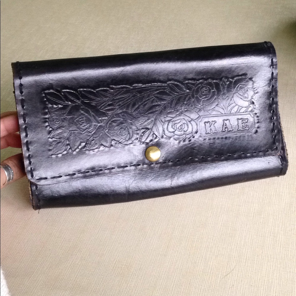 Tooled Leather Clutch Purse Bag Black Handmade